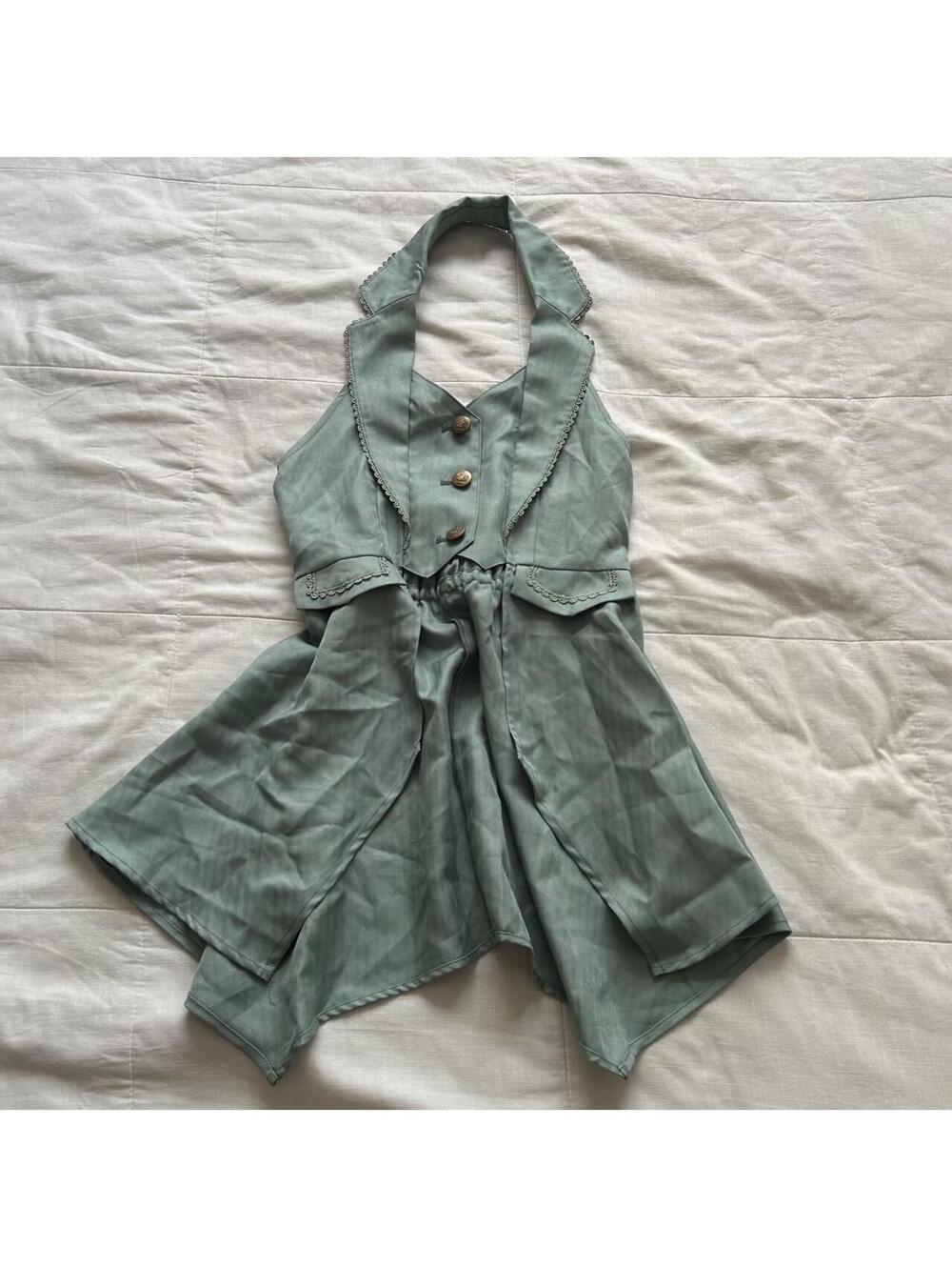 Axes Femme Sage Green Halter Vest M Layered Asymmetrical Mori Kei Fairycore